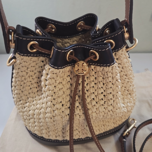 Tory Burch Cream and Brown Raffia Bucket Bag RARE - Picture 11 of 13
